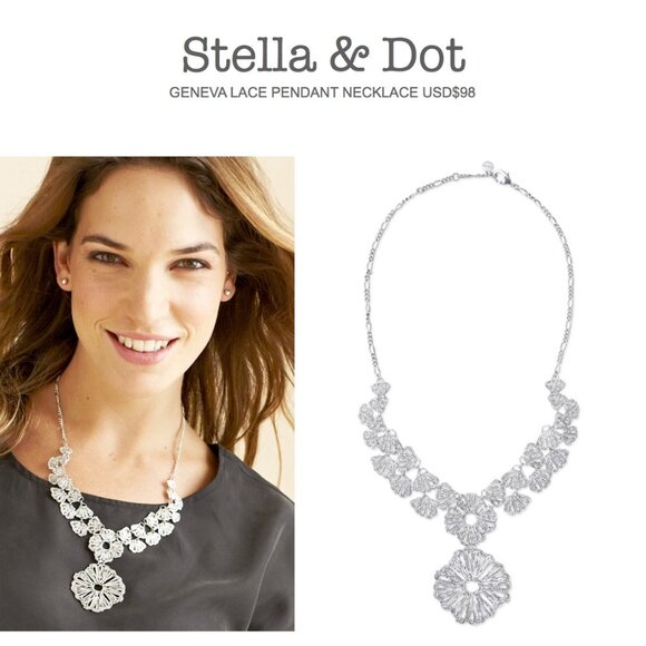 Stella & Dot Geneva Silver Lace Pendant Statement Necklace - Picture 1 of 4